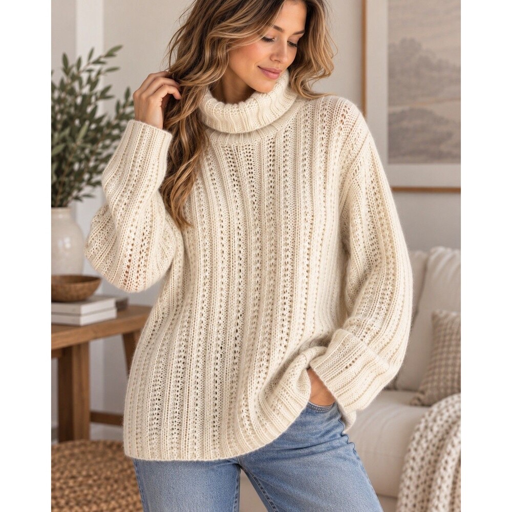 Great Northwest Clothing Co Women’s Ivory Ribbed Knit Turtleneck Sweater L Silk